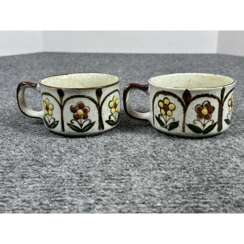 Vintage Otagiri Flower Speckled Stoneware Mug Soup Coffee Tea Chilli Set Of 2